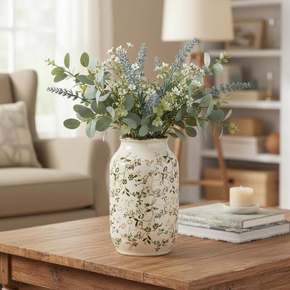 White and Green Vintage Vase, Chinoiserie Floral Vases for Flowers, Rustic Farmhouse Ceramic Vase for Home Decor, Living Room, Shelf, Office, Vintage Room Decor, 9 inch