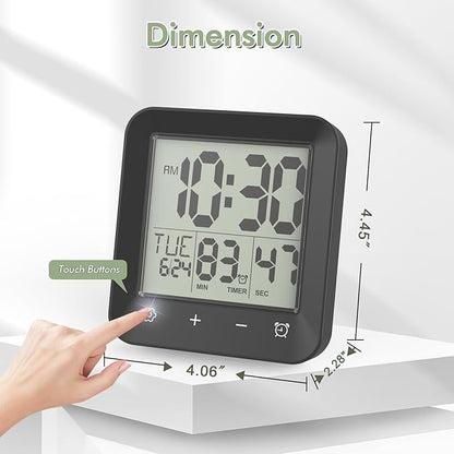 Waterproof Shower Clock, Digital Bathroom Kitchen Wall Clock Timer with Temperature, Touch Screen, Suction, Hanging Hole, Battery Operated, Black