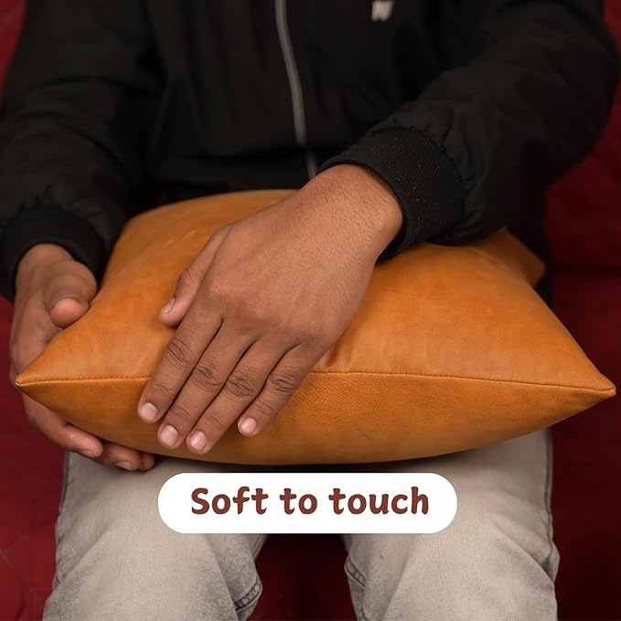 Genuine Lambskin Leather Pillow Cover, 22x22 Inch Case for Lumbar Throw Couch Pillows, Thick & Soft Cushion Covers for Sofa Bed Home Décor (Caramel Brown Pack of 1)