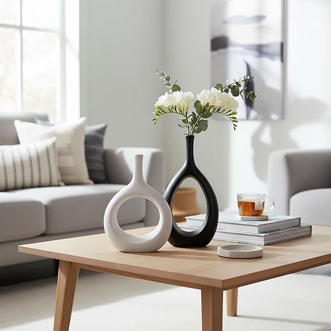 Ceramic Vase Set of 2, Modern Minimalist Boho Hollow Flower Vases, Decorative Vase for Home Decor, Living Room, Bedroom, Bookshelf, Entry Table, Kitchen and Dining Table