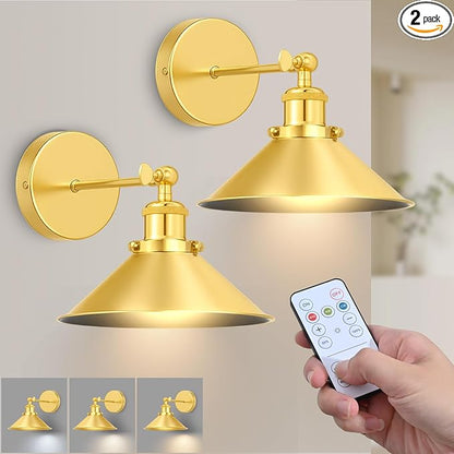 Gold Battery Operated Wall Sconce Set of 2,Vintage Wireless Wall Sconces with Remote,Dimmable Led Wall Lights,Wall Lamp Fixture Indoor Bedroom Living Room Kitchen,LED Bulbs Included
