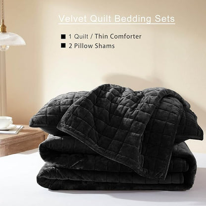 LEAONME Velvet Quilt King Size-98''x106'', Lightweight Black Velvet Comforter Set with 2 Pillow Shams, Soft Bedspread Coverlet Quilted Bedding Set for All Season