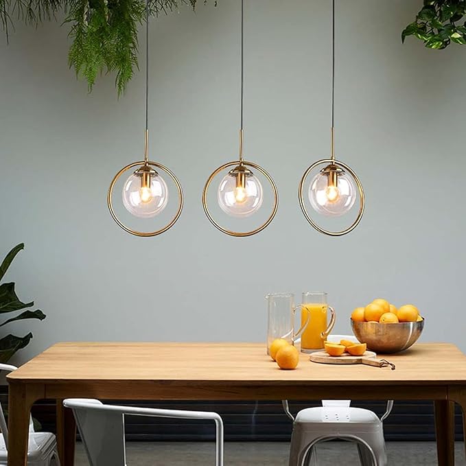 Pendant Light Modern Minimalist Hanging Lamp with Spherical Glass Shade and Brass Metal Ring Adjustable Height for Dining Room Bedroom Living Room (Clear)