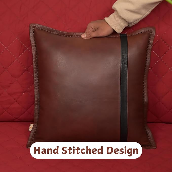 Genuine Lambskin Leather Pillow Cover, 22x22 Inch Case for Lumbar Throw Couch Pillows, Thick & Soft Cushion Covers for Sofa Bed Home Décor (Dark Brown & Black Box Pack of 2)