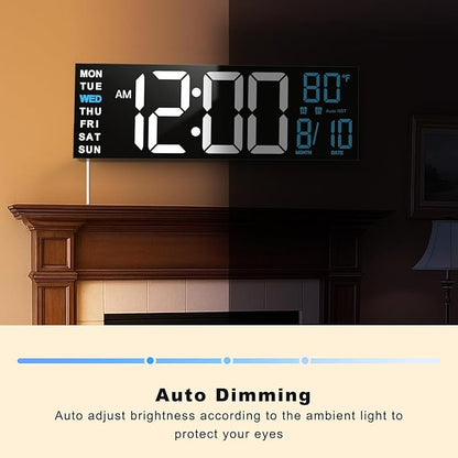 TrophyRak 16" Large Digital Wall Mount Clock, Count Down Timer, Alarm, Big LED, RGB Color, DST, Temperature for Living Room Classroom Desk, Wall, Xmas, Birthday Gift for Senior Mom Dad, White Blue