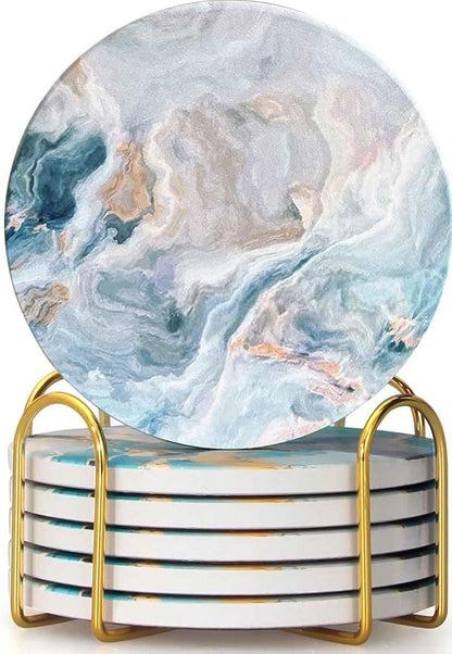 Drink Coasters with Holder 6 Pack, Ceramic Marble Style, Absorbent Abstract Coasters Set, 4in Cup Mat for Any Cups, Home, Living Room Decor, Tabletop-Protection for Coffee Beverage-Light Blue