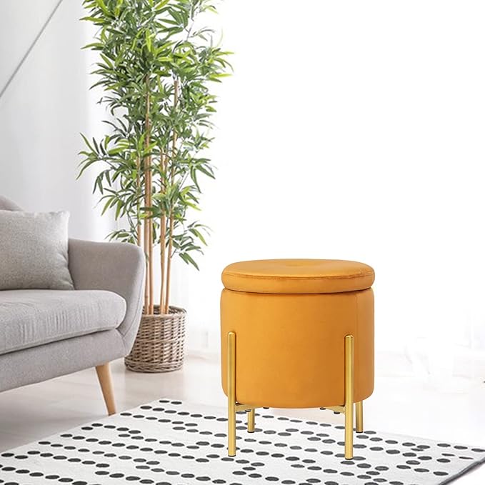 Adeco Upholstered Tufted Round Storage Ottomans, Orange Modern Velvet Footrest Ottomans with Storage for Couch
