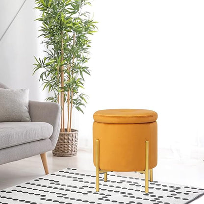 Adeco Upholstered Tufted Round Storage Ottomans, Orange Modern Velvet Footrest Ottomans with Storage for Couch