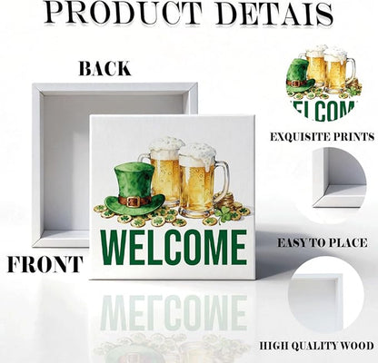 St. Patrick's Day Welcome Decor Wooden Box Sign, Irish Beer Hat Tabletop Welcome Sign for Home Bar Shelf Desk, Farmhouse Holiday Wooden Decor for Party Pub Irish Theme 5 x 5 Inches