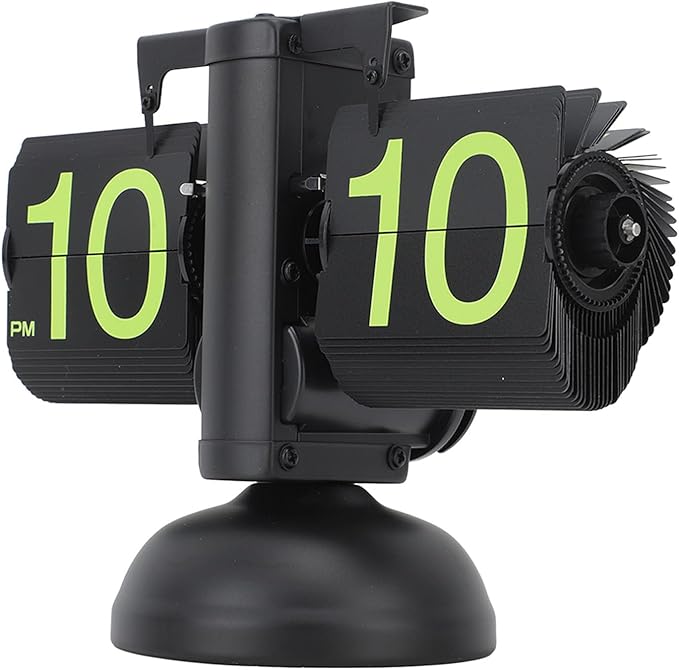FOSA Flip Clock Retro Mechanical Digital Minimalist 12H Battery Operated Stainless Steel Desk Clock for Home Office Living Room (Black Frame Green Number)