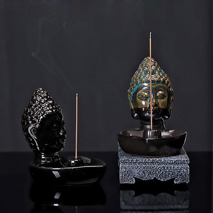 Buddha Head Incense Holder for Sticks, Small Ceramic Incense Burner Healing, Meditaiong, Zen, Timer of Spa or Yoga, with Ash Catcher (Black)
