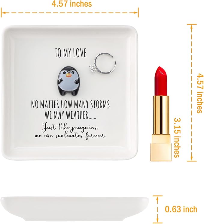 HOME SMILE Ramantic Valentines Christmas Gifts for Girlfriend Her Wife Couples Ring Dish Jewelry Tray,To My Love Penguin Present Valentines,Wedding Aniversary Birthday Gift For Women