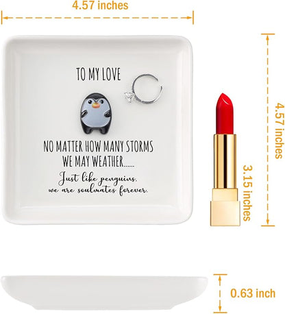 HOME SMILE Ramantic Valentines Christmas Gifts for Girlfriend Her Wife Couples Ring Dish Jewelry Tray,To My Love Penguin Present Valentines,Wedding Aniversary Birthday Gift For Women