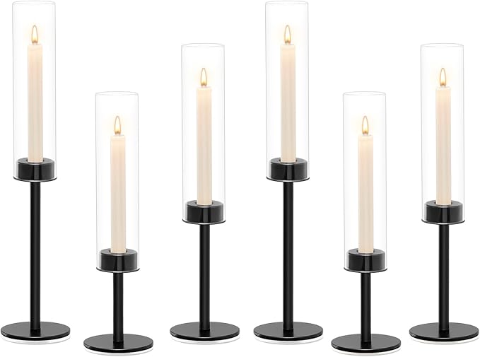 Black Hurricane Glass Candle Holders Set of 6, Tall Metal Taper Candle Stick Holder, Clear Candlestick Holders, Table Centerpieces Decor for Dining Dinner, Weddings, Christmas Fireplace Decorations