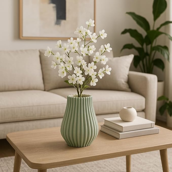 Flower Vase for Living Room Decor Display – 3D Printed Design, Ceramic Vase for Bedroom, House, Room, or Office Decor Accent – Ribbed Decorative Vase for Home and Table Accent– 9” Green