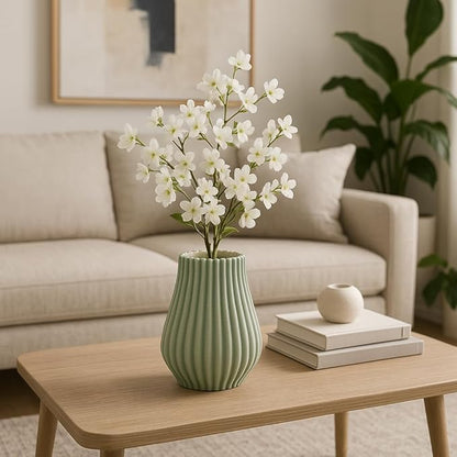 Flower Vase for Living Room Decor Display – 3D Printed Design, Ceramic Vase for Bedroom, House, Room, or Office Decor Accent – Ribbed Decorative Vase for Home and Table Accent– 9” Green