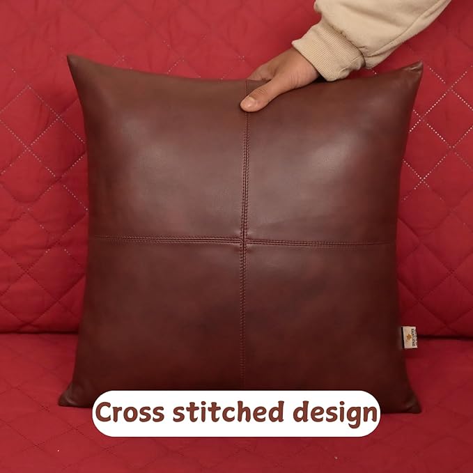 Genuine Lambskin Leather Pillow Cover, 14x14 Inch Case for Lumbar Throw Couch Pillows, Thick & Soft Cushion Covers for Sofa Bed Home Décor (Antique Dark Brown Plain Pack of 2)