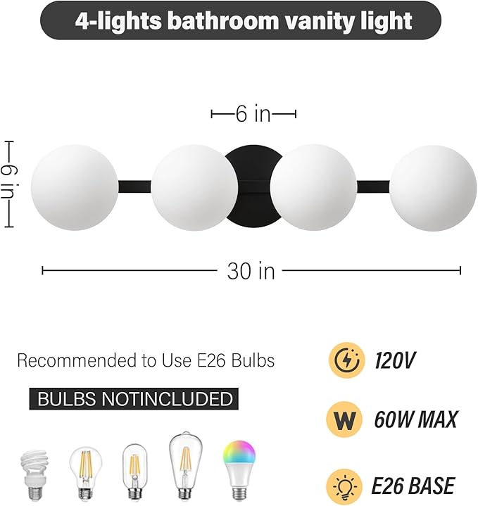 Bathroom Vanity Mirror Light Fixtures: 4 Lights Bath Wall Sconce Lighting - Black Vanity Lights with Milk Glass Shade - Modern Minimalist Makeup Light Fixture above Mirror for Hallway Bedroom E26 Base