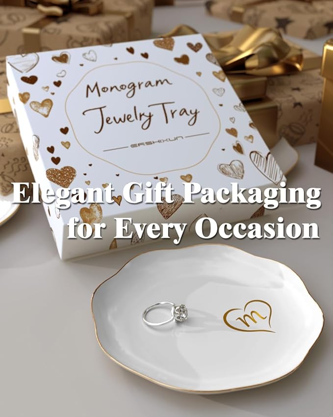 Gifts for Women – Initials Ceramic Jewelry Dish for Earrings, Necklaces, Bracelets, Rings, Watch, and Keys – Mother’s Day, Christmas, and Birthday Gifts for Women (e)
