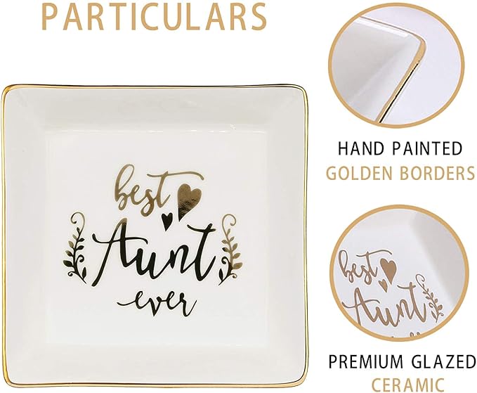 Aunt Gifts Best Aunt Ever Birthday Gift for Women Auntie from Niece and Nephew Mothers Day Christmas Jewelry Dish Ceramic Trinket Trays Ring Holder Bathroom Decor