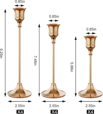 Set of 12 French Gold Candle Holders for Taper, Vintage Candlestick Holder Decorative Metal Candle Sticks Home Decor Centerpieces for Table Mantel Festive Decorations