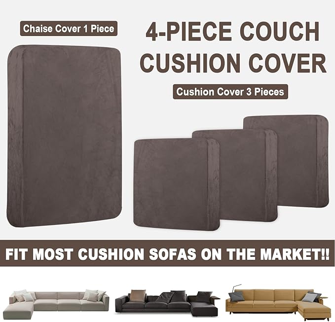 Sectional Couch Covers for 4-Piece Seat Cushion Velvet Separate L Shape Couch Cover Stretch Sofa Slipcover with 2 Pieces Pillowcases Furniture Protector (Sofa 3 Seater + 1 Chaise, Coffee)