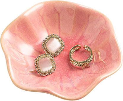 Ceramic Ring Dish, Jewelry Dish Holder, Small Trinket Tray Plate for Earrings Rings Necklaces Keys, Gift for Mom Friend Sister on Birthday Mother's Day Christmas (Pink Surface)