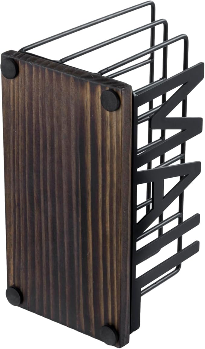 MyGift 3 Slot Industrial Matte Black Metal Wire Tabletop Mail Organizer with Burnt Wood Base – Modern Desktop Letter Sorter for Entryway, Office, or Home