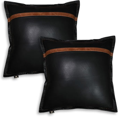LL LEATHER LOVERS Genuine Lambskin Leather Pillow Cover, 18x18 Inch Case for Lumbar Throw Couch Pillows, Thick & Soft Cushion Covers for Sofa Bed Home Décor (Black & Tan Box Pack of 2)