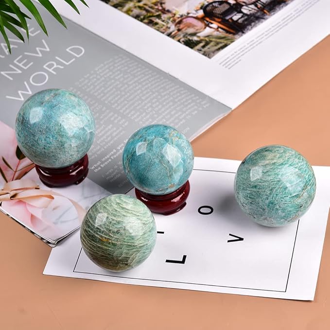 JIC Gem Amazonite Crystal Ball Sphere with Wood Stand Blue Gemstone Sphere Healing Crystal Balls for Reiki Chakra Decoration Fengshui (90-100mm)