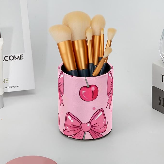 Pink Bows and Cherries on Pink Background Pen Holder for Desk, Round Pencil Cup Desktop Stationery Organizer for Home Office School Desk Brushes Storage