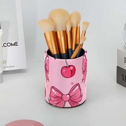 Pink Bows and Cherries on Pink Background Pen Holder for Desk, Round Pencil Cup Desktop Stationery Organizer for Home Office School Desk Brushes Storage