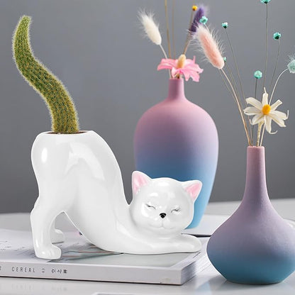 TOIVO Unique Cat Planter Pot，Indoor and Outdoor Plant Displays，Funny Ceramics Cat Flower Pot，Gifts for Cat Lovers，Lovely Office Desk Room Home Decor (White, Small)