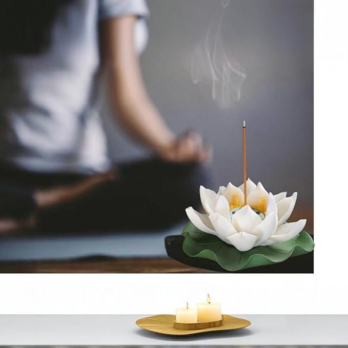 Lotus Incense Holder - White Ceramic Bloom with Leaf Tray, Aromatherapy Decor, Meditation Gift Set, Zen Home Office Desk Altar Decor (Handmade, Ash Catcher, Unique Holiday Present)
