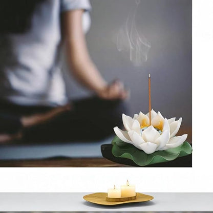 Lotus Incense Holder - White Ceramic Bloom with Leaf Tray, Aromatherapy Decor, Meditation Gift Set, Zen Home Office Desk Altar Decor (Handmade, Ash Catcher, Unique Holiday Present)