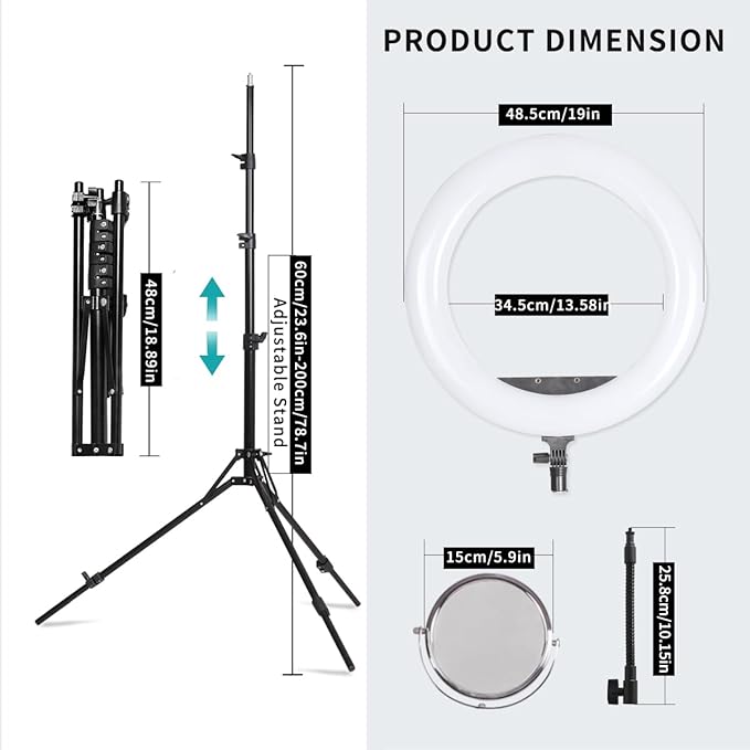 19 inch LED Ring Light Kit for Studio Portrait Photography, YouTube Video Recording, Live Streaming, Eyebrow Tattooing, Eyelash Beauty, Beauty Makeup and Lighting