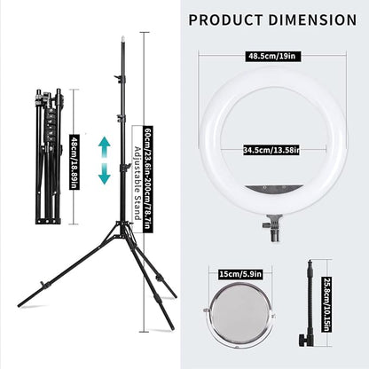 19 inch LED Ring Light Kit for Studio Portrait Photography, YouTube Video Recording, Live Streaming, Eyebrow Tattooing, Eyelash Beauty, Beauty Makeup and Lighting