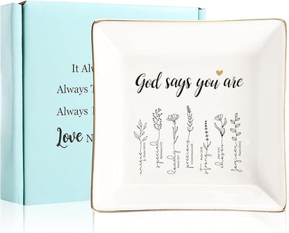 God Says You Are Flower Ring Dish-Christian Religious Spiritual Gifts for Women Friends Mom Sister Christmas Birthday