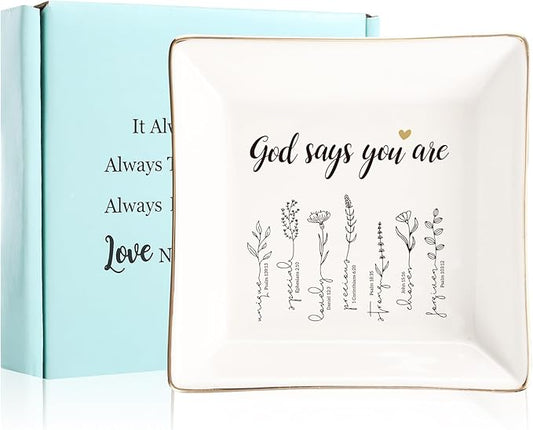 God Says You Are Flower Ring Dish-Christian Religious Spiritual Gifts for Women Friends Mom Sister Christmas Birthday