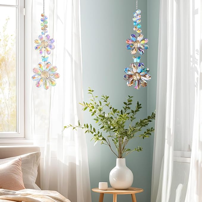 2 PCS Crystal Flower Sun Catcher Prisms Colorful Suncatcher Hanging Ornament Crystals Sunflower Rainbow Maker Suncatchers for Windows Hanging Indoor Outdoor Balcony Aesthetic Home Patio Garden Decor