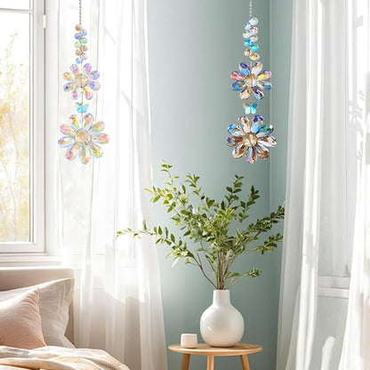 2 PCS Crystal Flower Sun Catcher Prisms Colorful Suncatcher Hanging Ornament Crystals Sunflower Rainbow Maker Suncatchers for Windows Hanging Indoor Outdoor Balcony Aesthetic Home Patio Garden Decor
