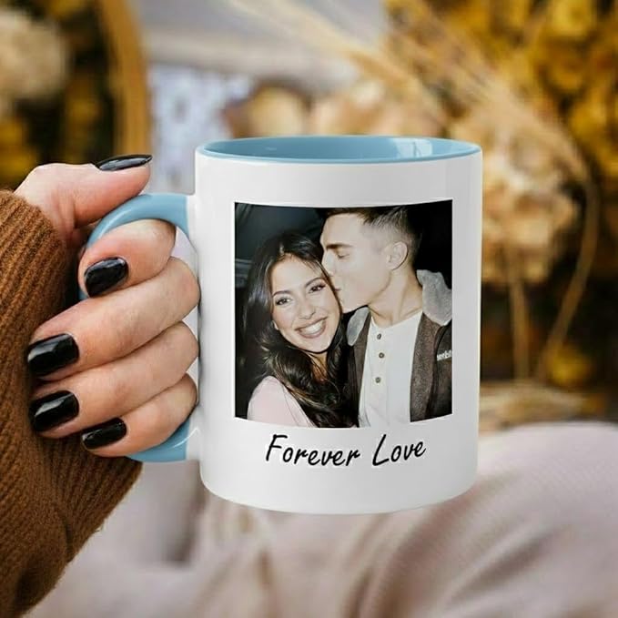 Custom Photo Coffee Mug, Personalized Forever Love Design Ceramic Cup for Anniversary Boyfriend Girlfriend Dishwasher Safe, 11oz (Sky Blue)