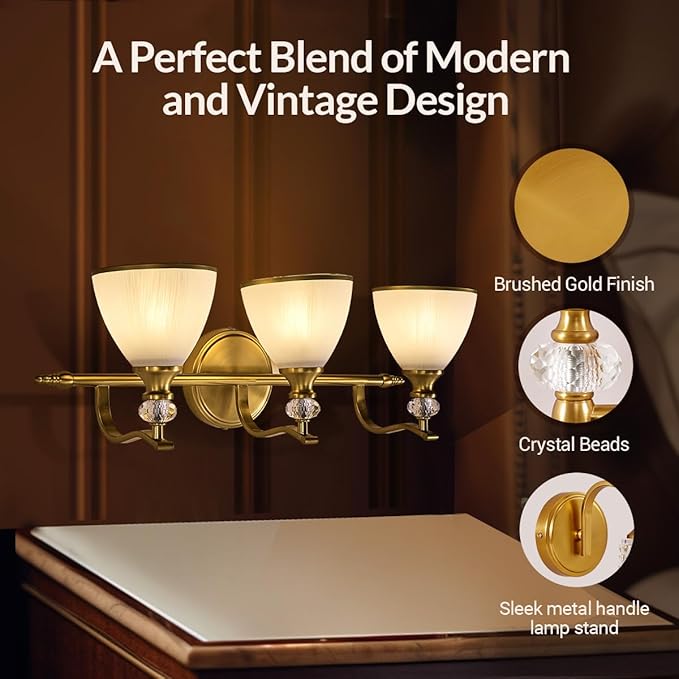 ANDY STAR Bathroom Light Fixture, 3-light Brass Vanity Light, Vintage Bathroom Lights Over Mirror with Crystal Beads, Wall Sconce Lighting with Frosted Milky Glass Shade, E26 Base (Bulbs Not Included)