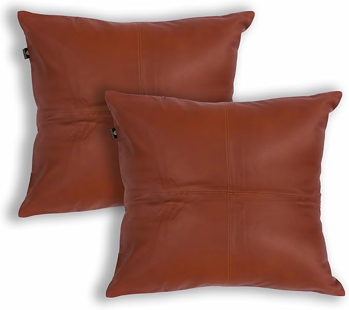 LL LEATHER LOVERS Lambskin Leather Pillow Cover - Sofa Cushion Case - Decorative Throw Covers for Living Room & Bedroom, 20x20 Inches - Camel Antique Plane Pack of 2
