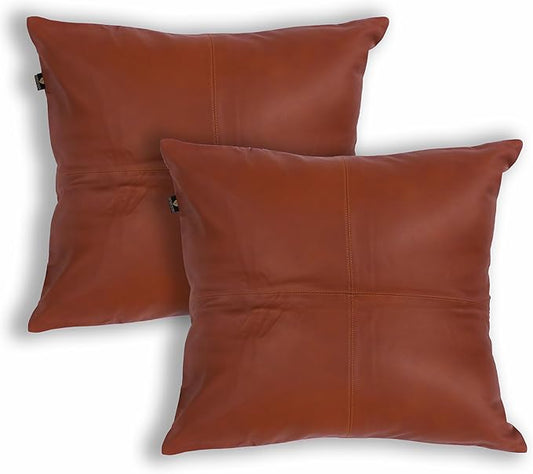 LL LEATHER LOVERS Lambskin Leather Pillow Cover - Sofa Cushion Case - Decorative Throw Covers for Living Room & Bedroom, 20x20 Inches - Camel Antique Plane Pack of 2