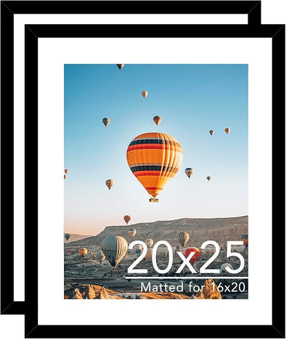 20x25 Picture Frame with 16x20 Mat Set of 2, Display Photo 16x20 with Mat or 20 x 25 Without Mat, Wall Hanging Large 20 by 25 Poster Frame with Plexiglass, 2 Pack, Black