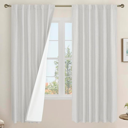 LAMIT 100% Blackout Linen Curtains, 72 Inch Linen Textured Living Room Curtains Room Darkening Back Tab and Rod Pocket Burlap Neutral Panels with White Liner, 2 Panels, 52 x 72 Inch, Light Grey