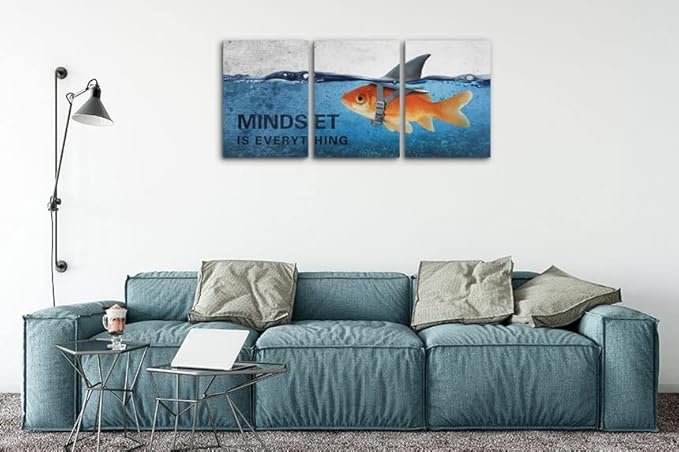 3 Panels Modern Framed Inspirational Canvas Wall Art Goldfish Body Strong Shark Heart Mindset is Everything Motivational Wooden Decor Posters (72''W x 36''H)