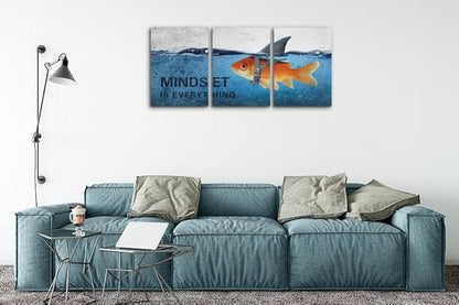 3 Panels Modern Framed Inspirational Canvas Wall Art Goldfish Body Strong Shark Heart Mindset is Everything Motivational Wooden Decor Posters (72''W x 36''H)
