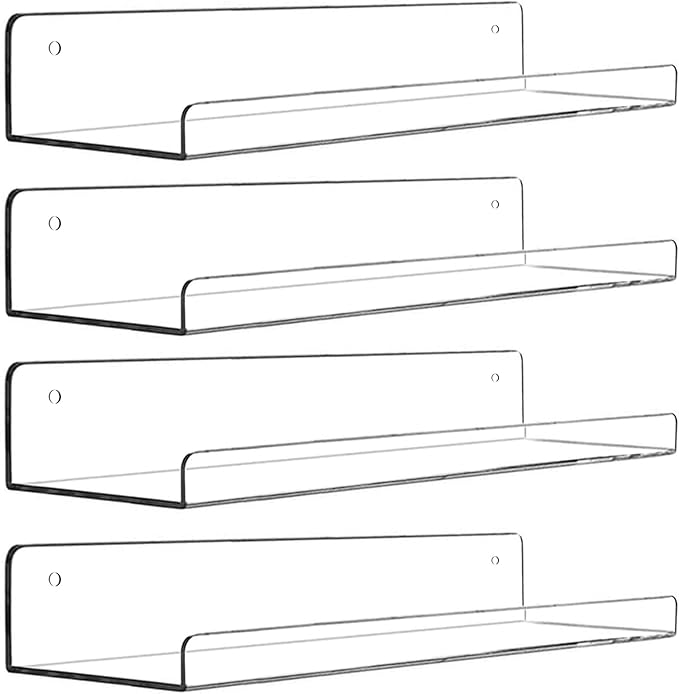 Cerpourt Acrylic Floating Wall Ledge Shelf, Wall Mounted Nursery Kids Bookshelf, Invisible Spice Rack, Clear Bathroom Storage Shelves Display,Acrylic 15" Invisible Bookshelf, Set of 4
